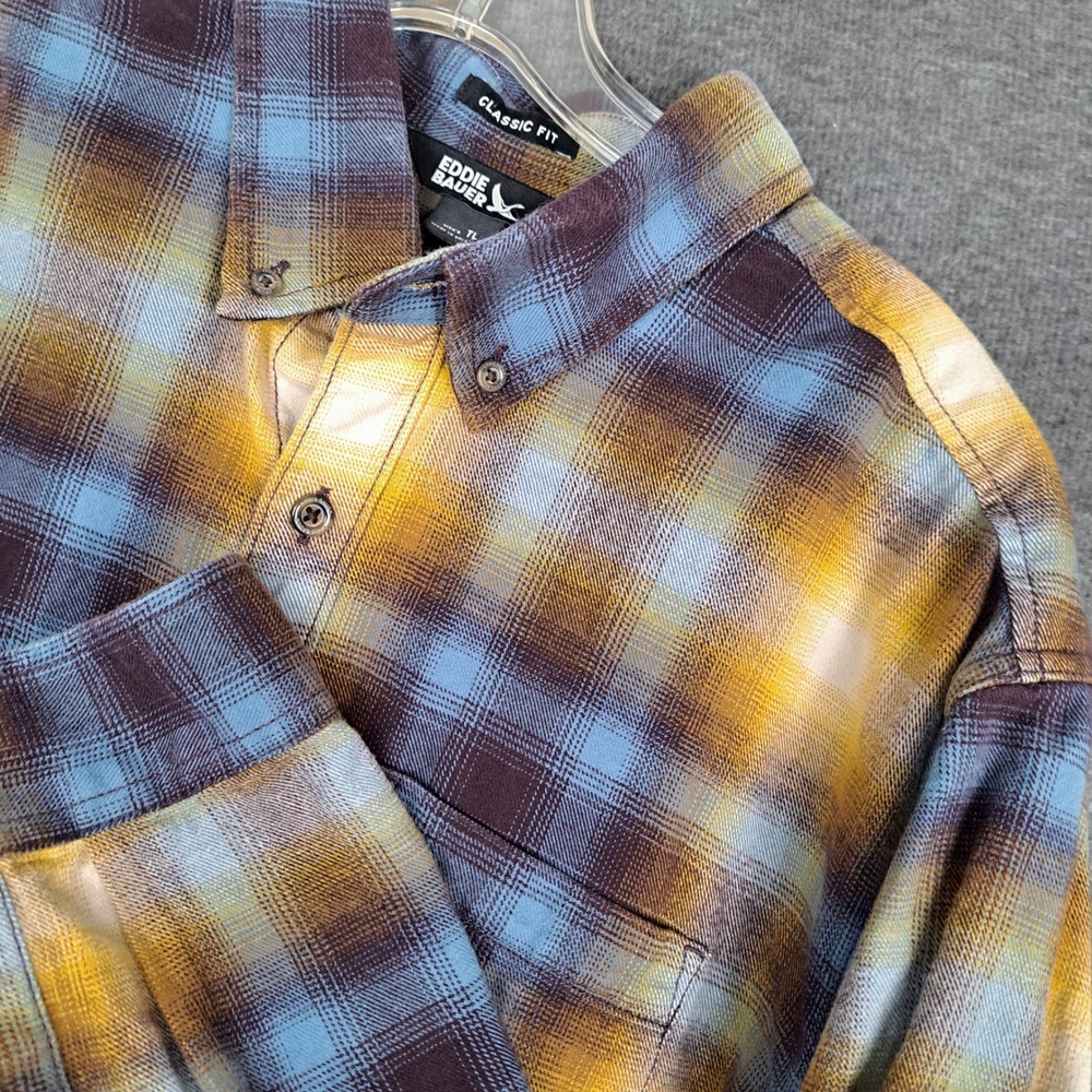 Eddie Bauer Flannel Shirt Mens TL Blue Gold Plaid Classic Fit 100% Cotton